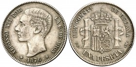 1876*1876. Alfonso XII. DEM. 1 peseta. (AC. 15). 4,59 g. Golpecito en canto. Buen ejemplar Escasa asi. MBC+.