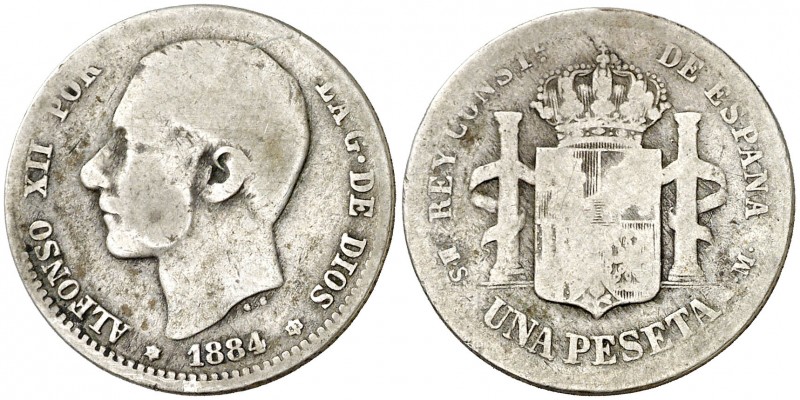 1884*--84. Alfonso XII. MSM. 1 peseta. (AC. 23). 4,68 g. Rara. BC/BC-.