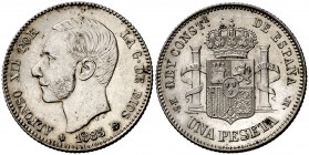 1885*1886. Alfonso XII. MSM. 1 peseta. (AC. 25). 5 g. Atractiva. Rara y más así. EBC.