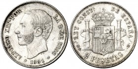 1881*1881. Alfonso XII. MSM. 2 pesetas. (AC. 28). 9,84 g. Rayitas. Parte de brillo original. Ex Colección Manuela Etcheverría. (EBC).