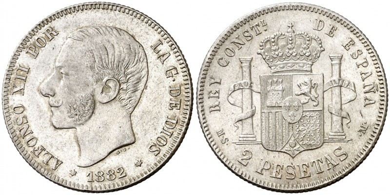 1882*1882. Alfonso XII. MSM. 2 pesetas. (AC. 32). 10 g. Parte de brillo original...