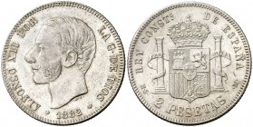 1882*1882. Alfonso XII. MSM. 2 pesetas. (AC. 32). 10 g. Parte de brillo original. Ex Colección Manuela Etcheverría. EBC-.