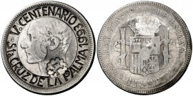 1882. Alfonso XII. 2 pesetas. 9,89 g. Contramarcas: león y "V CENTENARIO STA. CRUZ DE LA PALMA 1993". (BC).