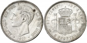 1877*1877. Alfonso XII. DEM. 5 pesetas. (AC. 38). 25,14 g. Rayita y golpecito. Pequeña oxidación en reverso. (MBC+).