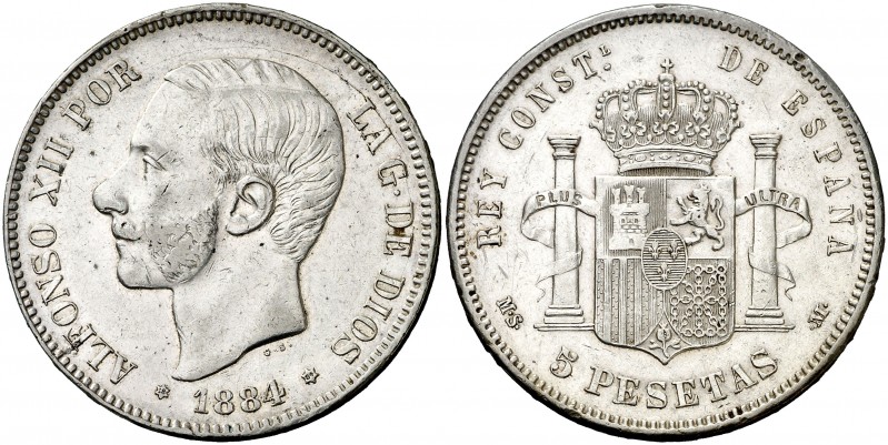 1884*1884. Alfonso XII. MSM. 5 pesetas. (AC. 57). 24,91 g. Golpecitos. MBC/MBC+.