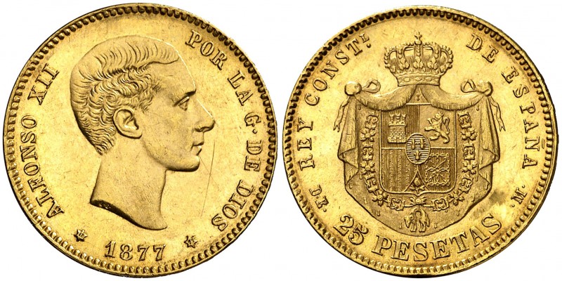 1877*1877. Alfonso XII. DEM. 25 pesetas. (AC. 68). 8,05 g. Rayitas. EBC.