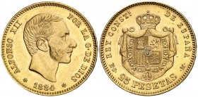 1884*1884. Alfonso XII. MSM. 25 pesetas. (AC. 89). 8,07 g. Leves marquitas. Escasa. EBC.