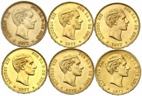 1877. Alfonso XII. DEM. 25 pesetas. (AC. 68). Lote de 6 monedas. Imprescindible examinar. MBC+/EBC.