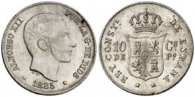 1885. Alfonso XII. Manila. 10 centavos. (AC. 102) (Basso 64). 2,55 g. Bella. Brillo original. EBC+.