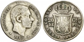 1880. Alfonso XII. Manila. 20 centavos. (AC. 103). 5,12 g. Rara. BC+.