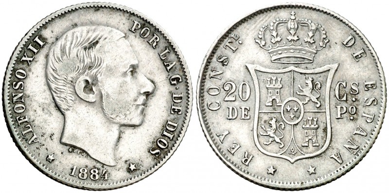 1884. Alfonso XII. Manila. 20 centavos. (AC. 110). 5,04 g. Escasa. MBC/MBC+.