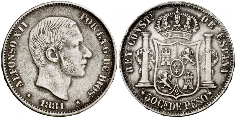 1881. Alfonso XII. Manila. 50 centavos. (AC. 114) (Basso 66). 12,95 g. El segund...