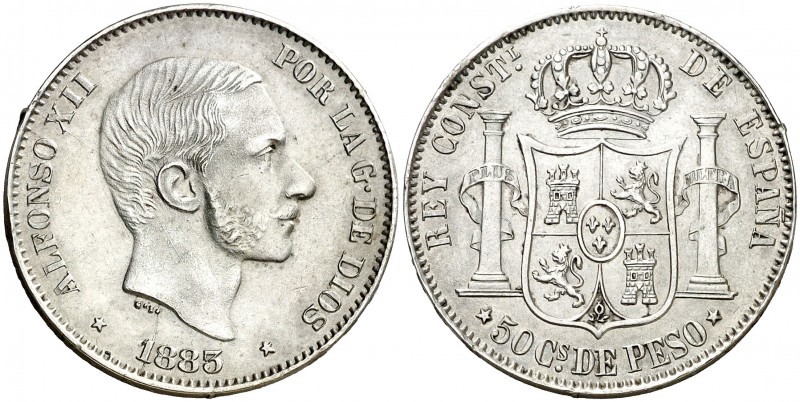 1883. Alfonso XII. Manila. 50 centavos. (AC. 120). 13,09 g. Mínimos golpecitos. ...