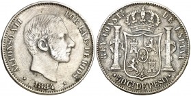 1884. Alfonso XII. Manila. 50 centavos. (AC. 121). 12,60 g. Rara. MBC.