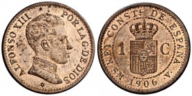 1906*6. Alfonso XIII. SMV. 1 céntimo. (AC. 1). 0,93 g. Bella. Brillo original. Ex Áureo 21/06/2007, nº 686. Muy rara y más así. S/C-.