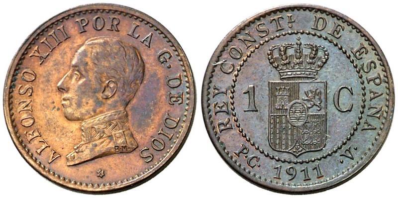 1911*1. Alfonso XIII. PCV. 1 céntimo. (AC. 3). 1,06 g. Escasa. EBC/EBC+.
