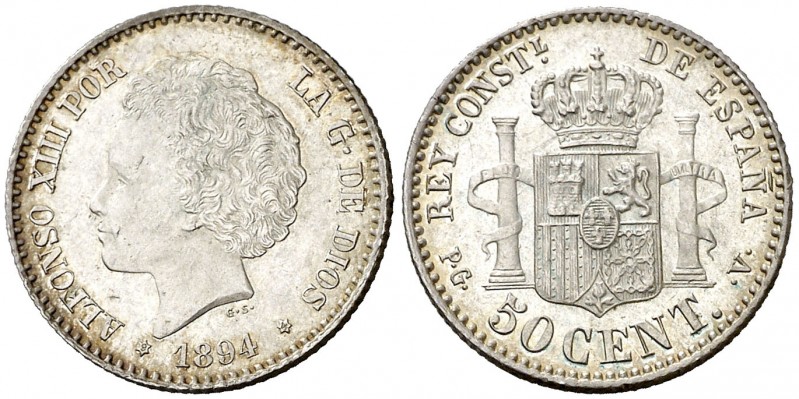 1894*94. Alfonso XIII. PGV. 50 céntimos. (AC. 43). 2,46 g. Bella. Brillo origina...