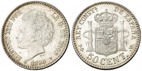 1894*94. Alfonso XIII. PGV. 50 céntimos. (AC. 43). 2,46 g. Bella. Brillo original. Escasa así. EBC+.