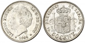 1894*94. Alfonso XIII. PGV. 50 céntimos. (AC. 43). 2,49 g. S/C-.