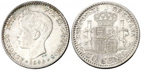 1896*96. Alfonso XIII. PGV. 50 céntimos. (AC. 44). 2,52 g. Escasa. EBC-.