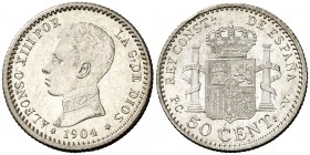 1904*10. Alfonso XIII. PCV. 50 céntimos. (AC. 47). 2,48 g. S/C.