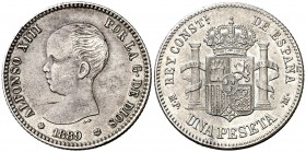 1889*1889. Alfonso XIII. MPM. 1 peseta. (AC. 52). 4,92 g. Leves impurezas. Parte de brillo original. Buen ejemplar. Ex Colección Manuela Etcheverría. ...