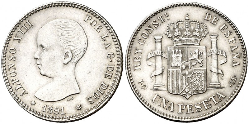 1891*--91. Alfonso XIII. PGM. 1 peseta. (AC. 53). 5,01 g. Atractiva. Ex Colecció...