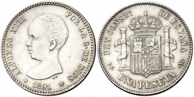 1891*--91. Alfonso XIII. PGM. 1 peseta. (AC. 53). 5,01 g. Atractiva. Ex Colección Manuela Etcheverría. EBC-.