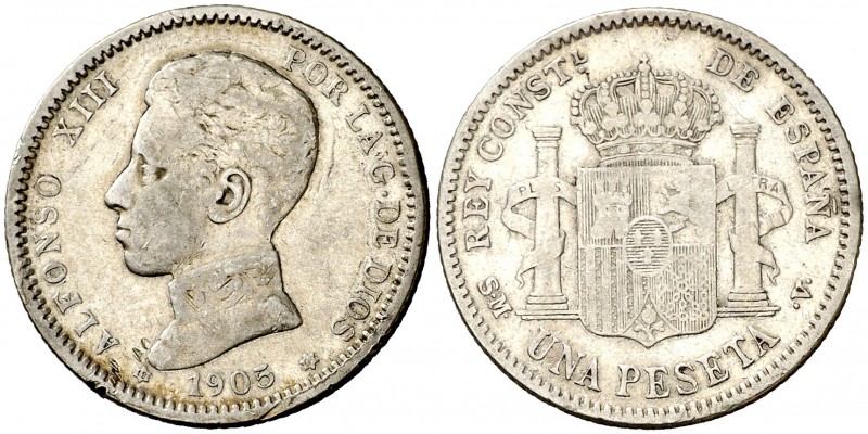 1905*1905. Alfonso XIII. SMV. 1 peseta. (AC. 70). 4,91 g. Sirvió como joya. Rara...