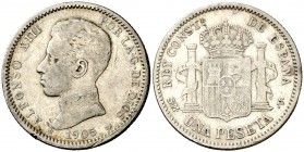 1905*1905. Alfonso XIII. SMV. 1 peseta. (AC. 70). 4,91 g. Sirvió como joya. Rara. (MBC-).