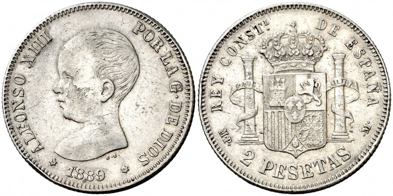 1889*1889. Alfonso XIII. MPM. 2 pesetas. (AC. 82). 10 g. Mínimas hojitas. Parte ...