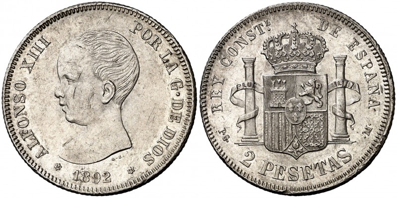 1892*1892. Alfonso XIII. PGM. 2 pesetas. (AC. 85). 9,92 g. Rayitas y golpecitos....