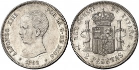 1892*1892. Alfonso XIII. PGM. 2 pesetas. (AC. 85). 9,92 g. Rayitas y golpecitos. Parte de brillo original. Ex Áureo & Calicó 04/07/2018, nº 1534. MBC+...