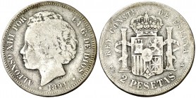 1894*1---. Alfonso XIII. PGV. 2 pesetas. (AC. 86). 9,72 g. Escasa. BC.