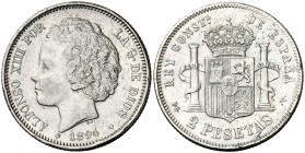 1894*189(4). Alfonso XIII. PGV. 2 pesetas. (AC. 86). 9,94 g. Golpecitos. Escasa. MBC.