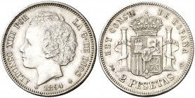 1894*1894. Alfonso XIII. PGV. 2 pesetas. (AC. 86). 10 g. Atractiva. Ex Colección Manuela Etcheverría. Escasa. EBC-.