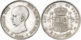 1888*1888. Alfonso XIII. MPM. 5 pesetas. (AC. 92). 25 g. Golpecitos. Parte de brillo original. EBC-.