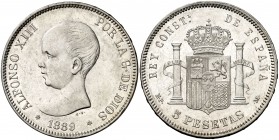 1889*1889. Alfonso XIII. MPM. 5 pesetas. (AC. 93). 25,07 g. Leves rayitas. Limpiada. Ex Colección Manuela Etcheverría. EBC-.