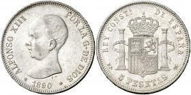 1890*1890. Alfonso XIII. MPM. 5 pesetas. (AC. 95). 25,04 g. Parte de brillo original. MBC+.