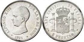 1891*1891. Alfonso XIII. PGM. 5 pesetas. (AC. 98). 24,91 g. Leves marquitas. Parte de brillo original. Escasa así. EBC-.