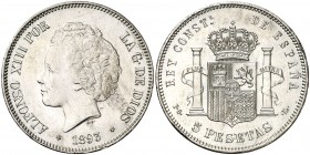 1893*1893. Alfonso XIII. PGL. 5 pesetas. (AC. 102). 25,07 g. Golpecitos. Limpiada. Ex Colección Manuela Etcheverría. (EBC-).