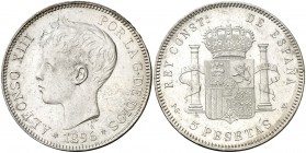 1896*1896. Alfonso XIII. PGV. 5 pesetas. (AC. 106). 24,87 g. Leves marquitas. Bella. Brillo original. EBC+.