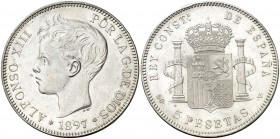 1897*1897. Alfonso XIII. SGV. 5 pesetas. (AC. 107). 24,74 g. Leves rayitas. Brillo original. EBC/EBC+.