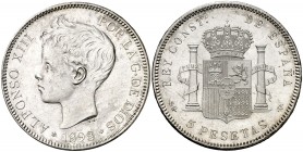 1898*1898. Alfonso XIII. SGV. 5 pesetas. (AC. 109). 24,93 g. Leves marquitas. Ex Colección Manuela Etcheverría. EBC+.