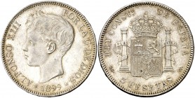 1899*1899. Alfonso XIII. SGV. 5 pesetas. (AC. 110). 24,76 g. Leves rayitas. Pátina. Parte de brillo original. Ex Colección Manuela Etcheverría. EBC....