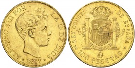 1897*1897. Alfonso XIII. SGV. 100 pesetas. (AC. 119). 32,23 g. Golpecitos y rayitas. Rara. EBC-.