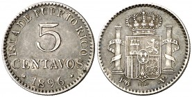 1896. Alfonso XIII. Puerto Rico. PGV. 5 centavos. (AC. 124). 1,25 g. Pátina. Ex Colección Manuela Etcheverría. MBC+.