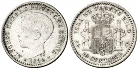 1896. Alfonso XIII. Puerto Rico. PGV. 10 centavos. (AC. 125). 2,50 g. Rayitas. Buen ejemplar. Escasa. MBC+/EBC-.