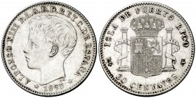 1895. Alfonso XIII. Puerto Rico. PGV. 20 centavos. (AC. 126). 4,87 g. Rayitas. Ex Colección Manuela Etcheverría. Escasa. MBC+/EBC-.