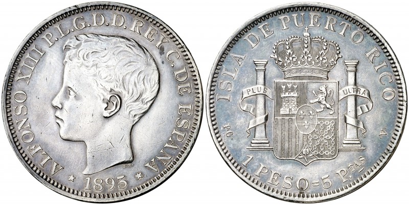 1895. Alfonso XIII. Puerto Rico. PGV. 1 peso. (AC. 128). 24,88 g. Leves rayitas....